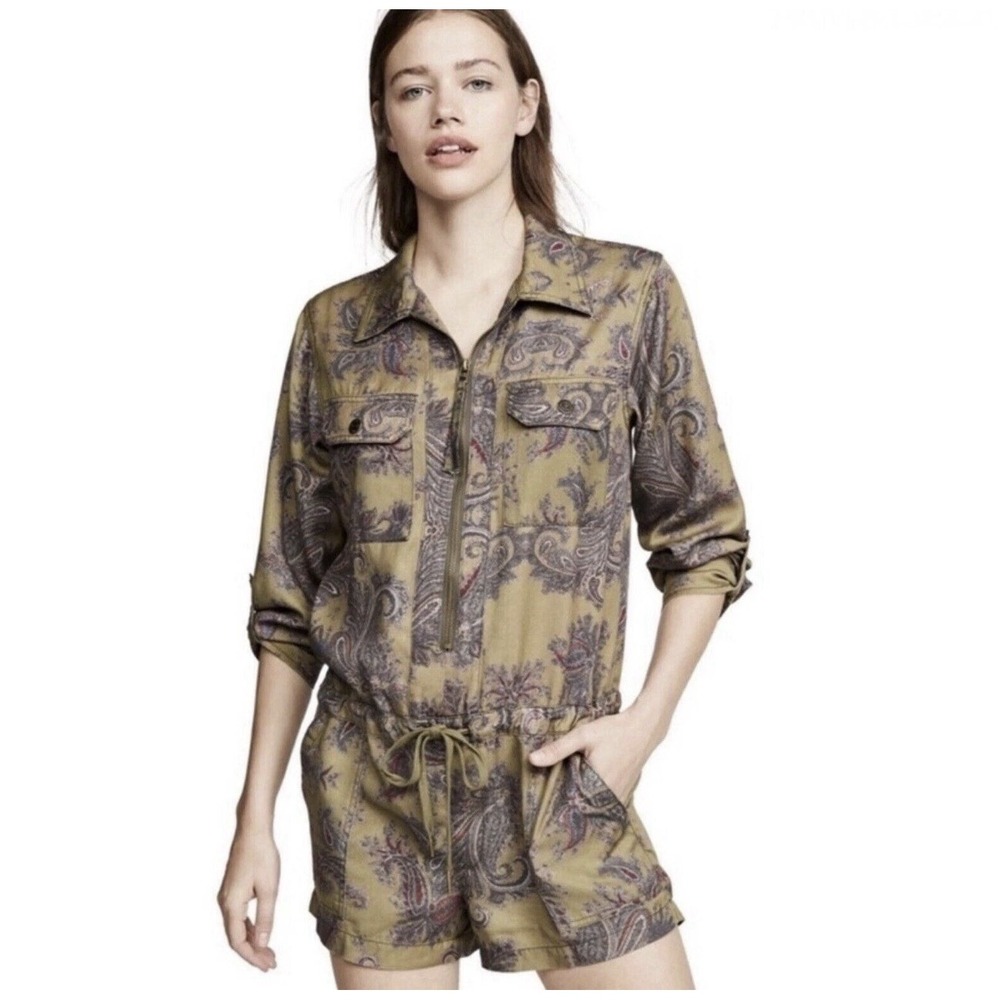$295 PAM & GELA X19 Patch Pocket Paisley Romper in ARMY Green Sz Medium